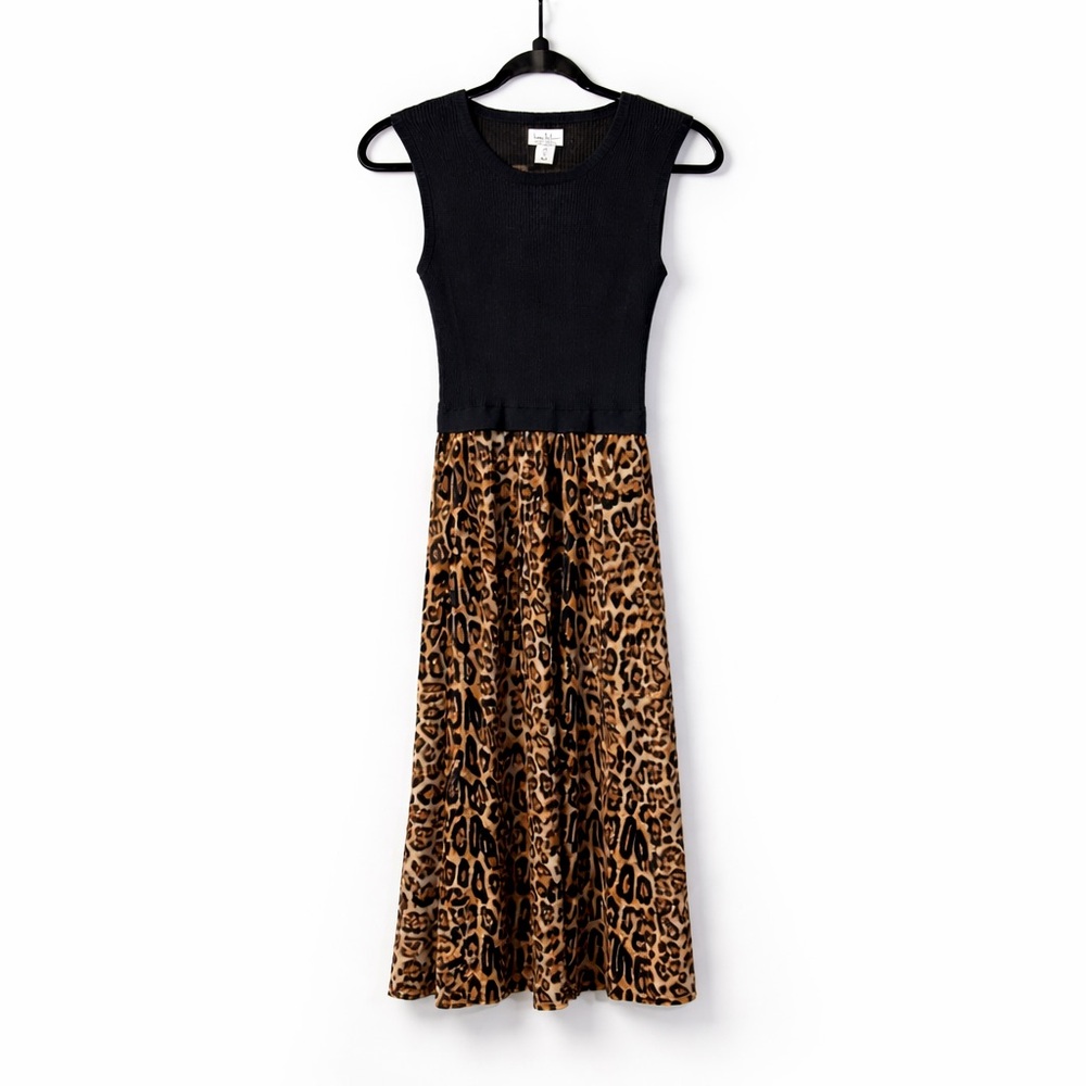 Nicole Miller New York Leopard Print Midi Dress Sleeveless Black Knit Top Size L